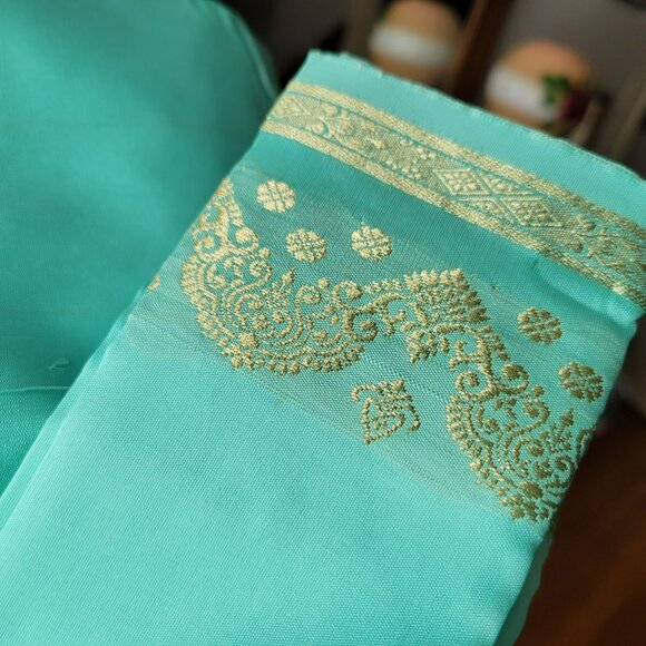 Seafoam Green Silk & Gold Banarasi Saree Sari 2 Pcs NEW 44W x 184L - Picture 4 of 16